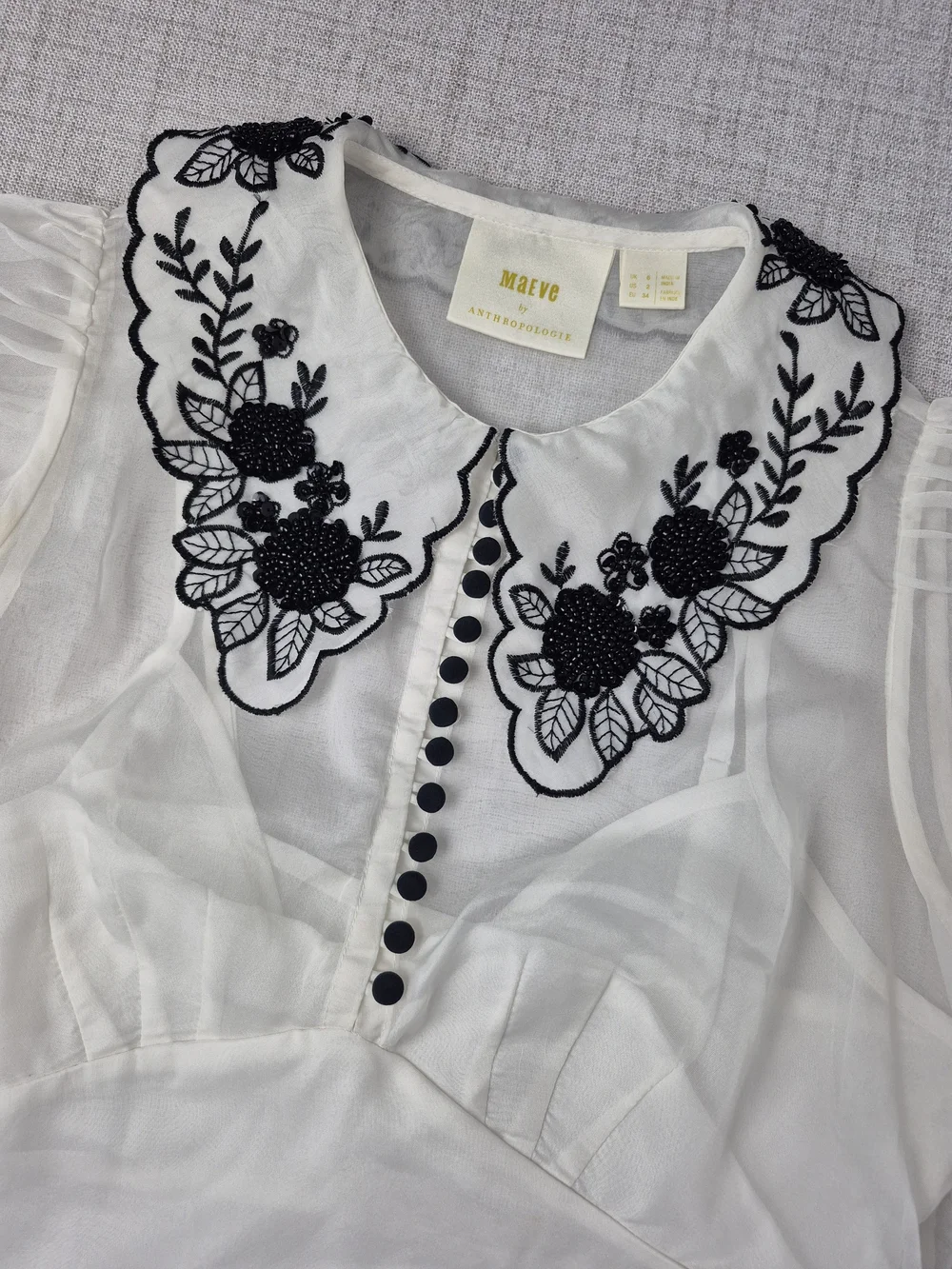 Anthropologie Maeve White Sheer Beaded Embroidered Statement Collar Blouse